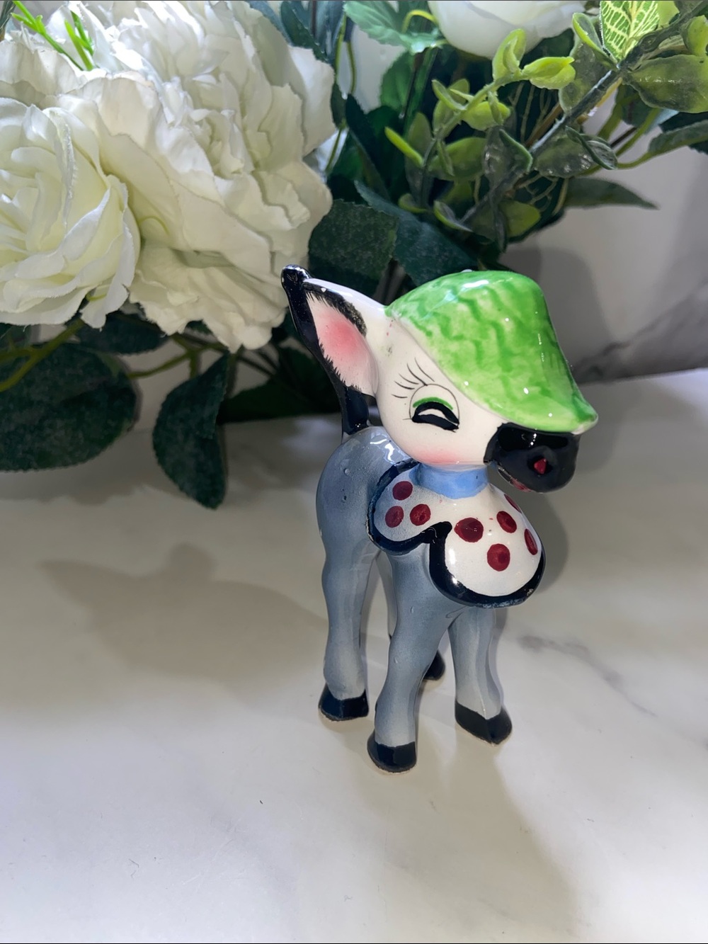 Hand-Painted Ceramic Fawn Figurine in Green and Gray